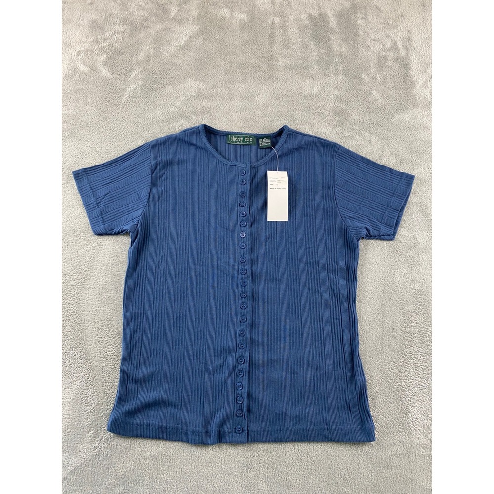Cherry Stix Limited Empire Blue Ribbed Button Front Short Sleeve Top 6977 NWT M
